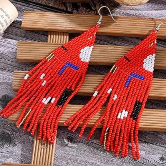 Red Abstract Shapes Long 5" Multicolor Earrings Beaded Oversized Bohemian New - Picture 5 of 5